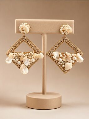 Abalone Shell Pearl Rhinestone Rhomboid Dangle Earrings